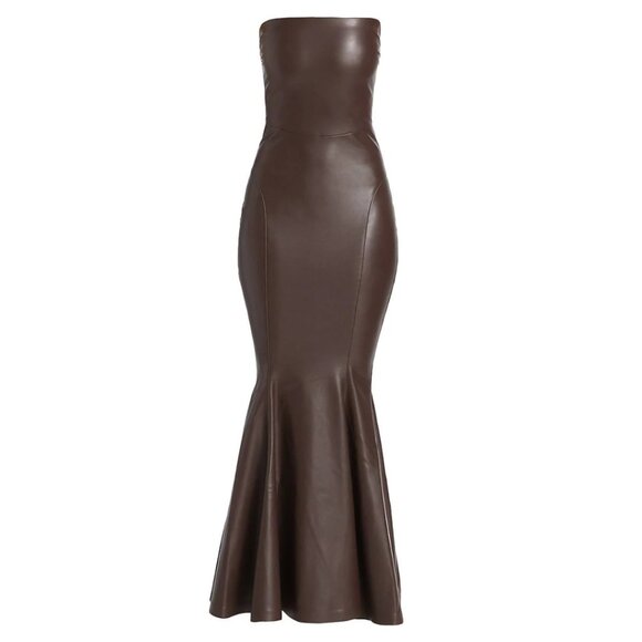 NWT Norma Kamali Strapless Faux Leather Fishtail Gown Chocolate Brown Size L - Picture 8 of 16